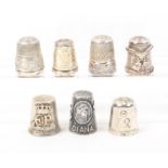 Seven modern English silver Royal commemorative thimbles Elizabeth and Phillip 1947-1997/QII 60th