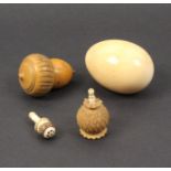 A mixed lot - sewing - comprising four pieces, an ivory egg, 6cm, a vegetable ivory acorn form