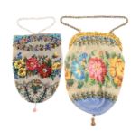 Two 19th Century beadwork bags, one decorated with floral motifs, 18cm, the other with gilt metal