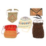 Four 19th Century bags and a bonnet, comprising an embroidered wallet form case 'Note Book, 1875',