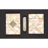 Two card cases and a toothpick box, the card cases decorated in diamond pattern mother of pearl,