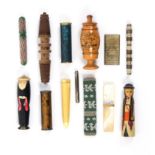 A collection of thirteen needle cases comprising two novelty figural examples, one composition,