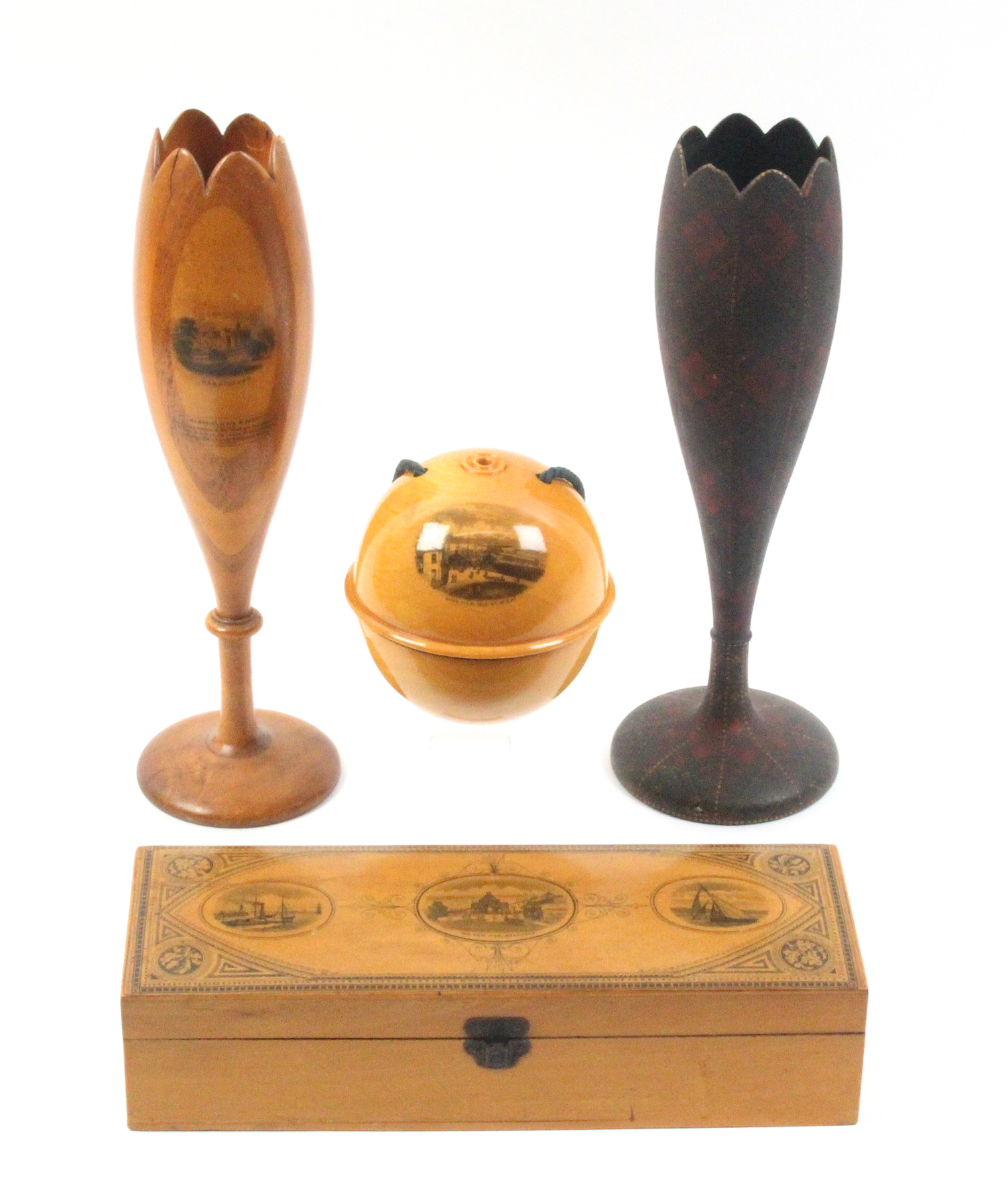 Mauchline ware - four pieces - comprising a large Tartan ware (M'lean) tulip form vase, surface