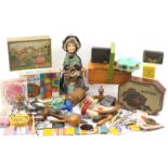A mixed lot - sewing - comprising a wax headed peddler doll with tray of sewing accessories, two