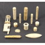 A mixed lot - sewing - carved Cantonese and other ivory pieces comprising a sewing clamp, 12.5cm, an