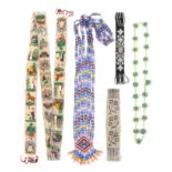 Five pieces of 19th Century personal beadwork comprising a belt worked with repeated birds, animals,