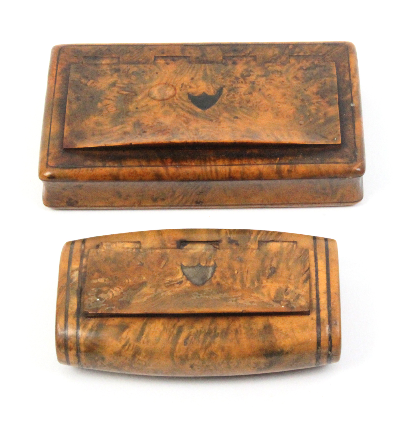 Two burr walnut continental snuff boxes comprising a rectangular example the lid with inset horn