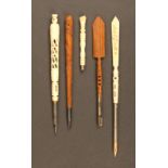 Five pen and Pencil Stanhopes comprising a pierced bone combination pen/pencil, (Tour Eiffel-