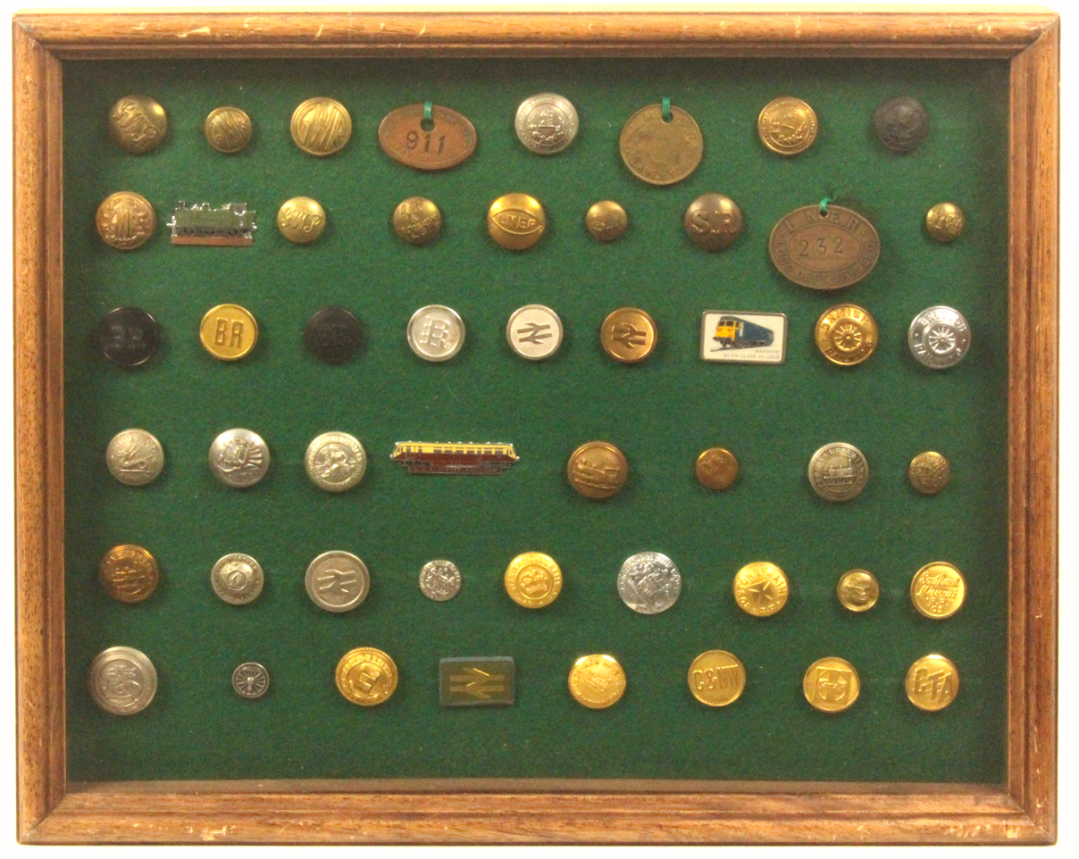 Buttons - railways and transport - two framed displays comprising a framed display of 44 railway