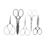 Five pairs of steel scissors including a Chinese style pair stamped 'Brunmarche', 8.2cm (5)