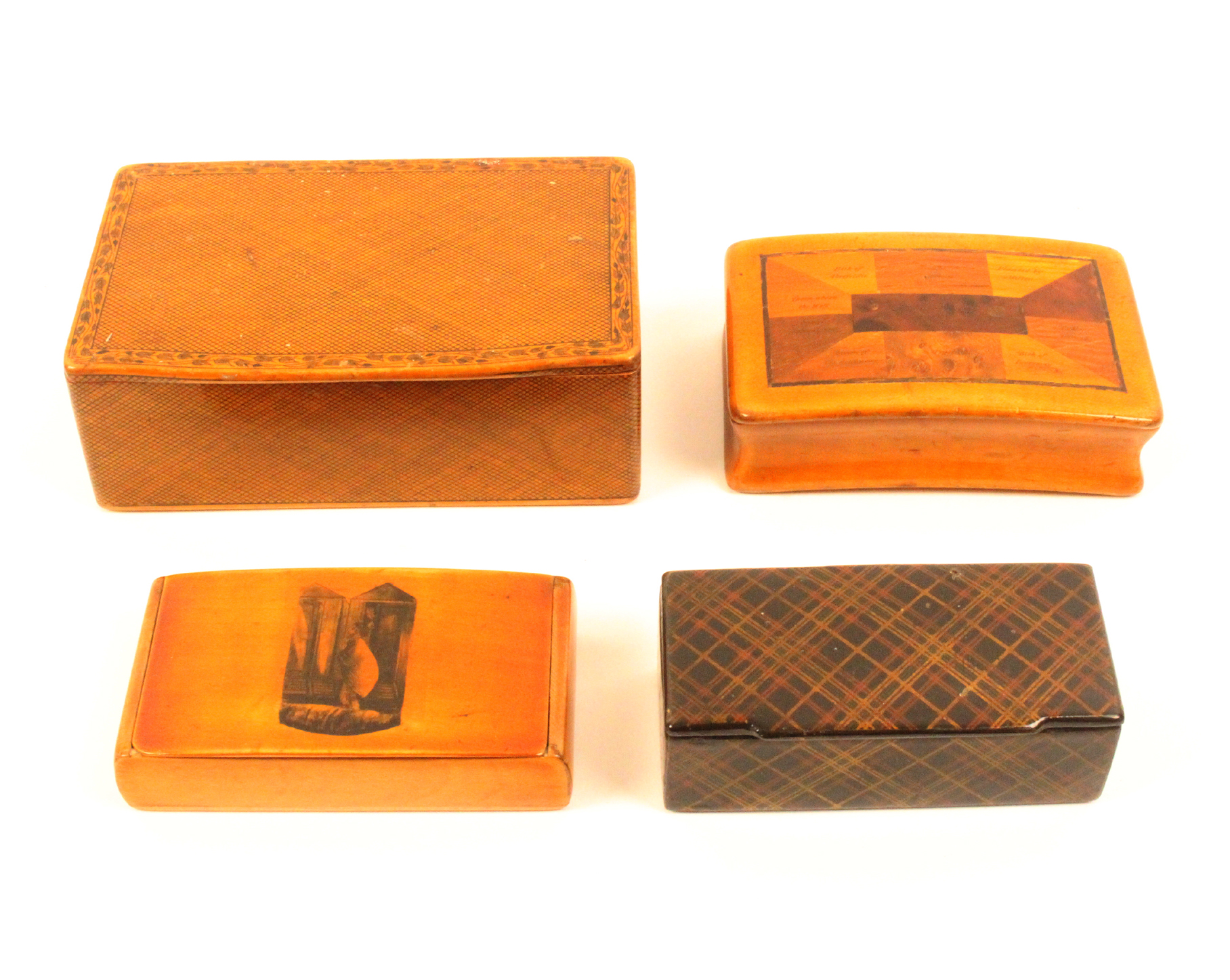 Three Scottish snuff boxes and another, comprising a large example, full wooden hinge decorated in