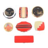 Seven vintage powder compacts, comprising two with inset Japanese circular panels in mixed metals,