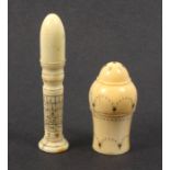 A 19th Century ivory standing needle case, incorporating a perpetual calendar, split to base, 6cm,