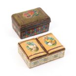 Two small cardboard sewing boxes comprising an example with twin pin cushion lids decorated with