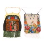 Two early 20th Century beadwork bags comprising a black ground example worked with a panel of two