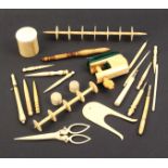 A mixed lot - sewing - bone and ivory including a sewing clamp with two pin cushions, 6cm, two