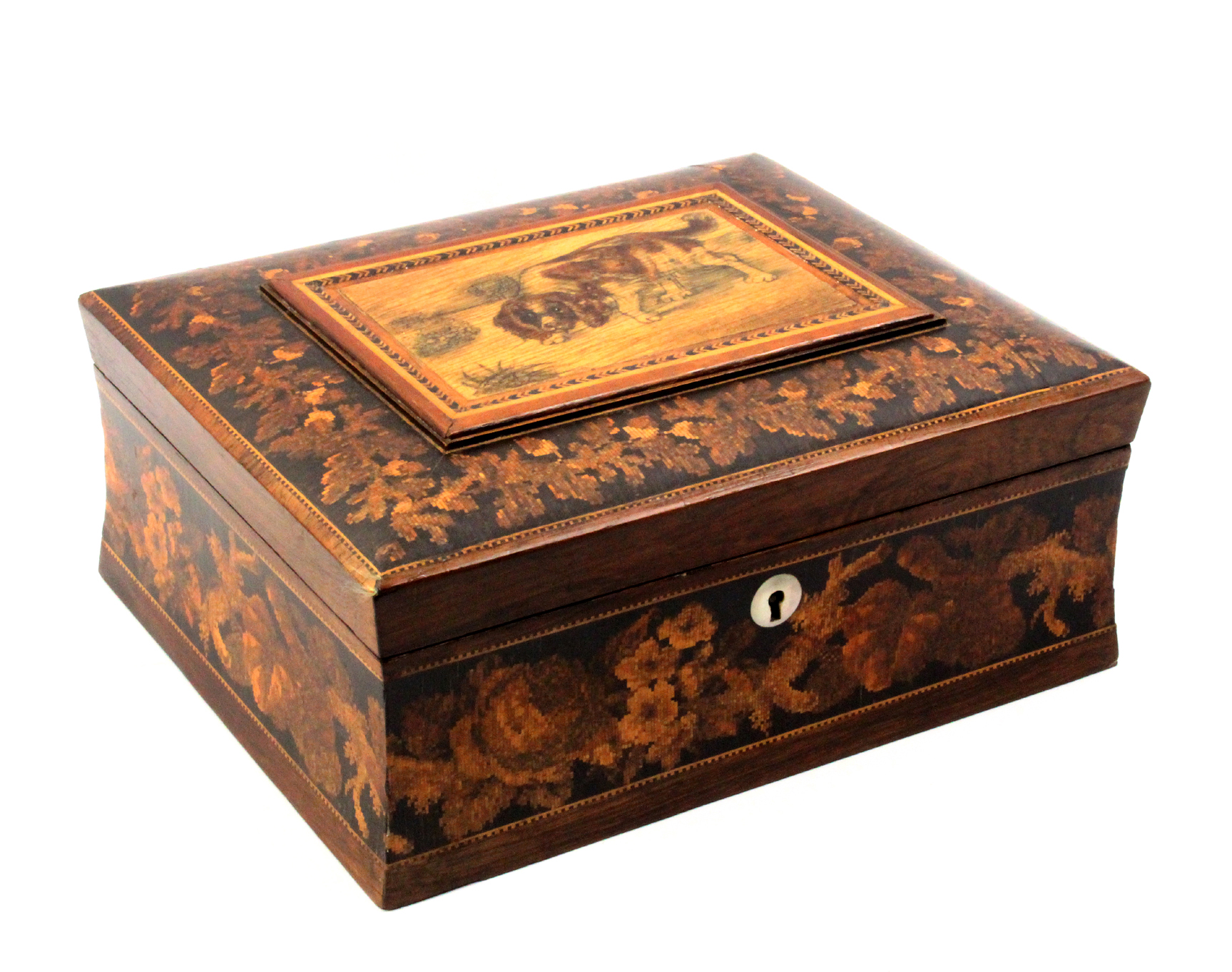 A Tunbridge ware sewing box adapted, the concave sides with a broad band of floral mosaic, the