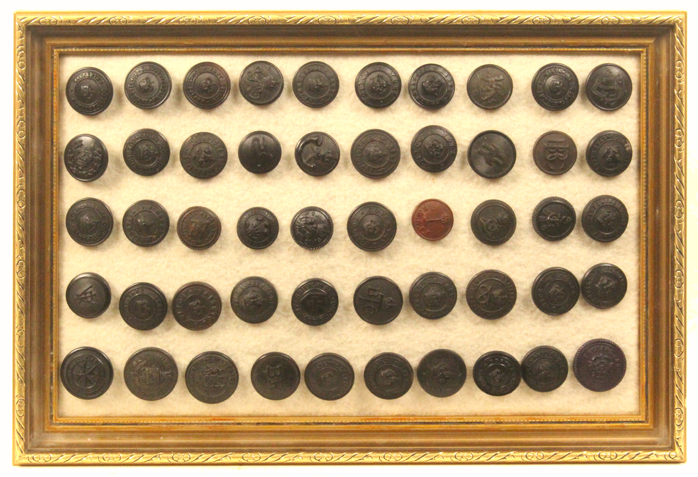 Buttons - police and corporations - three framed displays comprising a framed display of 50 black - Image 3 of 3