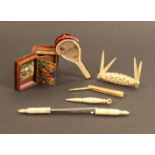 A mixed lot - sewing - comprising a scrap work concertina needle book, 5.8cm, a celluloid sewing