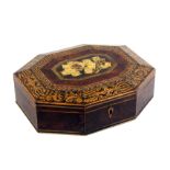 A Regency burr yew wood playing card box of octagonal for with boxwood line inlay, the lid with a