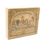 A late 19th century child's embroidery frame in paper covered rectangular box the frame complete