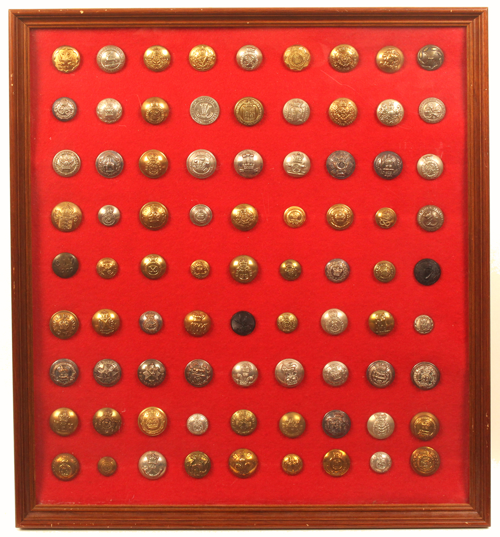Buttons - military - a framed display of 81 mostly post 1901, brass and white metal including