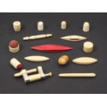 A mixed lot - sewing - mostly ivory comprising a carefully repaired clamp, 8cm, three thimbles, four