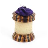 A Tunbridge stickware combination waxer/pin cushion of cylinder form, 3.5cm