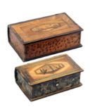 Two French Prisoner of War straw work boxes each of book form, one with building to lid, marble