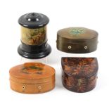 Mauchline ware - four pieces comprising a twin section cylinder reel box, black ground (colour print