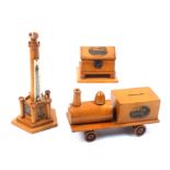 Mauchline ware - three pieces - comprising a money box in the form of a train (Ann Hathaway's
