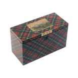 A large Tartan ware stationery box by Stiven of rectangular form the lid with a painted panel of