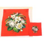 Two Victorian beadwork and tapestry panels, both with red ground, each of a bouquet of flowers and