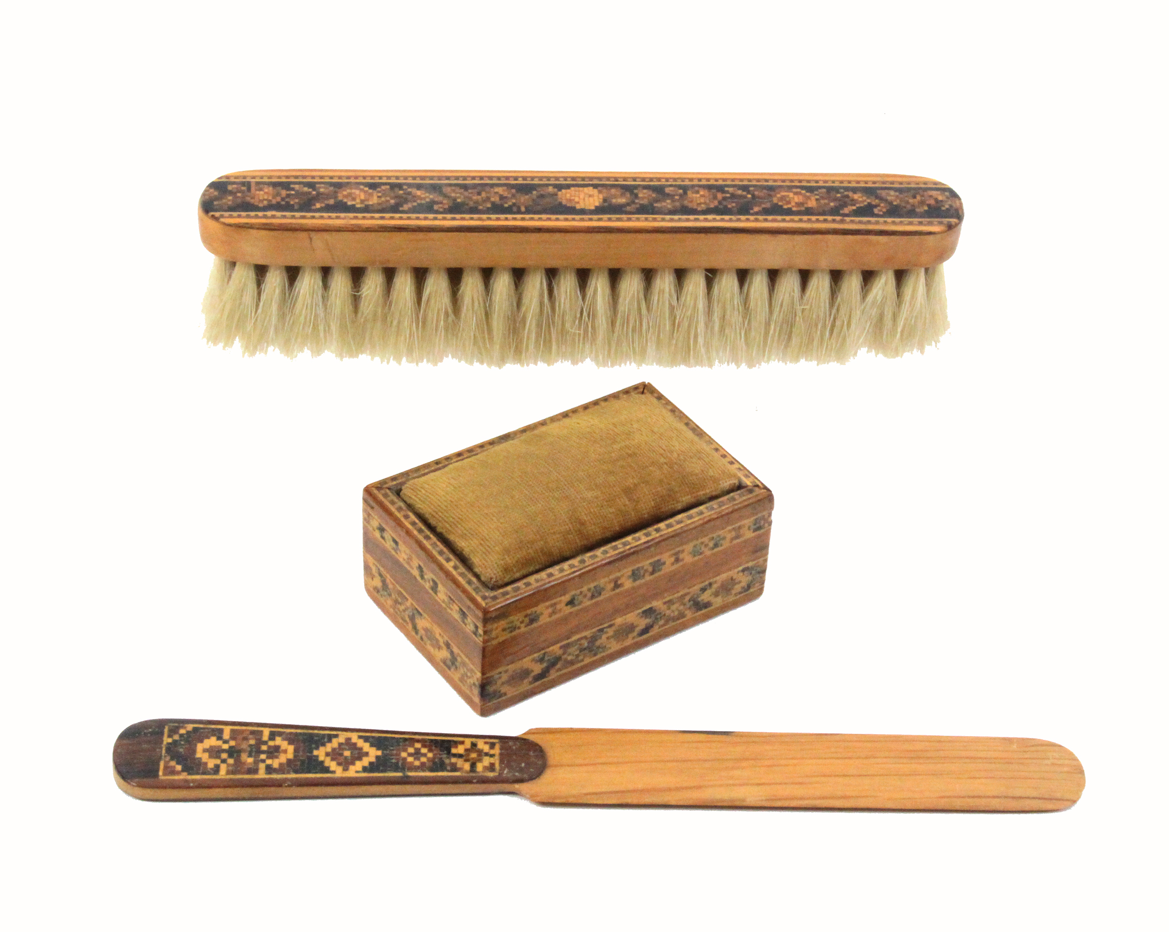 Three pieces of Tunbridge ware comprising a brush, 16.7cm, a rectangular box with sliding pin