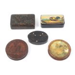 Five continental snuff boxes comprising two print decorated circular examples, each 7.8cm dia.,