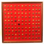 Buttons - military - a framed display of 110 - mostly pre-1901 and arranged numerically 1-109,