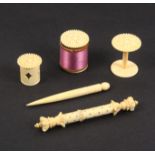 A mixed lot - sewing - comprising a pair of ivory reels with floral carved and beaded tops, 3cm