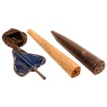 Three knitting sticks/sheaths comprising a blue velvet covered galvanised metal heart with tie