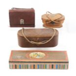 Four 19th Century sewing boxes and companions comprising a pale brown leather example for a child,