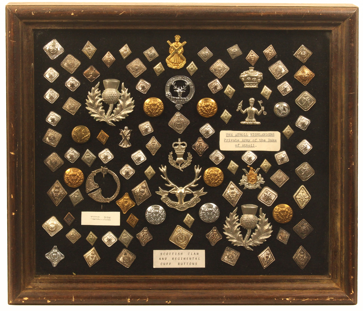 Buttons - Scottish - a framed display of Scottish clan and regimental buttons and ten badges, mainly