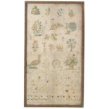 A sampler dated 1872, worked with birds, flowers, jardineres and other motifs over alphabets and