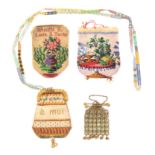 Four 19th Century small format purses comprising a fine drawstring beadwork example worked with a