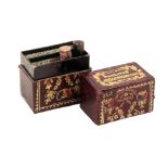 A maroon leather double needle packet box titled in gilt to top 'Patented Needle Preservers'' and to