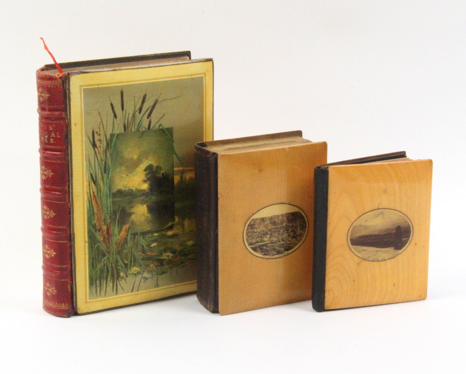 Mauchline ware - three books - comprising Burns Poetical Works (large colour print river