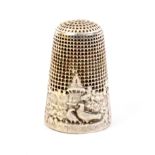 A French silver fairy tale or fable thimble after Vernon the frieze depicting doves and dovecote