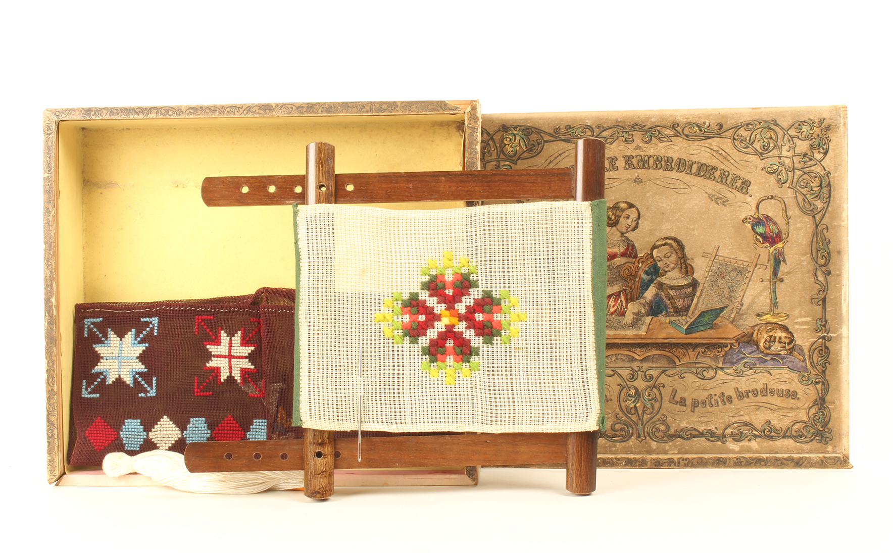 A late 19th century child's embroidery frame in paper covered rectangular box the frame complete - Image 2 of 2