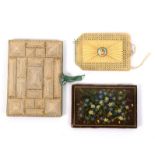 Three needle books comprising a floral painted Spa work example, 10.5 x 7cm, a large geometric