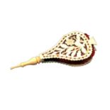 A good cut bone and ivory pin cushion in the form of a set of bellows, silk infill, turned