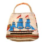 A 19th Century beadwork bag, one side worked with a three masted sailing ship, the other with