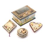 A shell decorated sewing box and three other similar pieces, the sides with colour prints